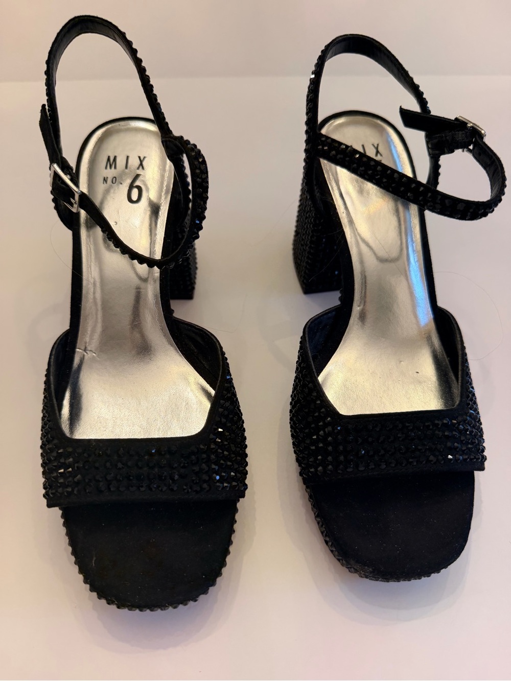 Mix No. 6 "Sunney" Rhinestone Block Heel Sandals – Black, Size 8.5